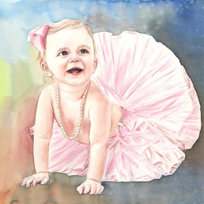 Hand Painted Watercolor of A Little Girl with Pink Dress on Floor - myDaVinci